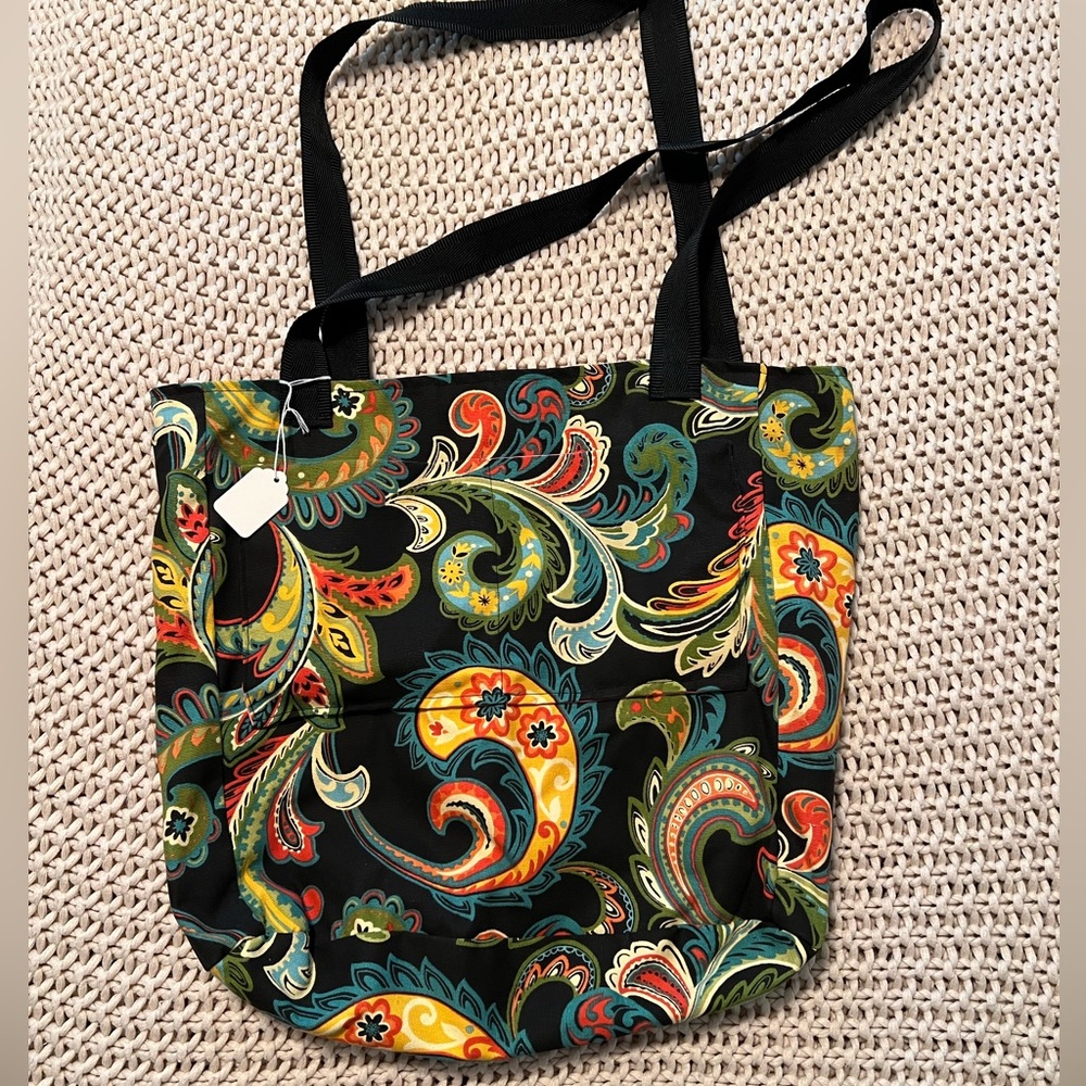 Black & Coral Handmade Paisley Canvas Tote Bag Drawstring Closure NWT